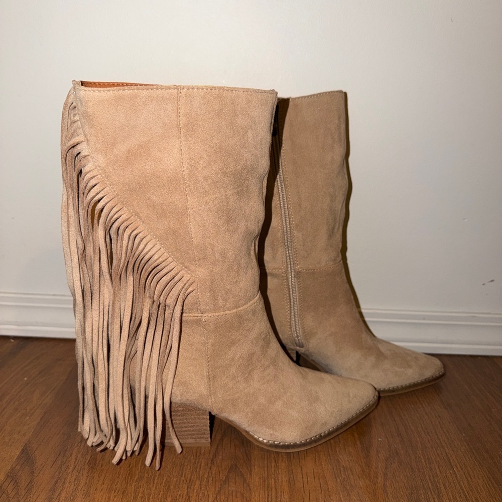 BEAST FASHION Tan Fringe Heeled Boots